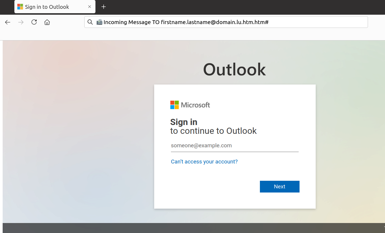 Outlook Phishing screenshot