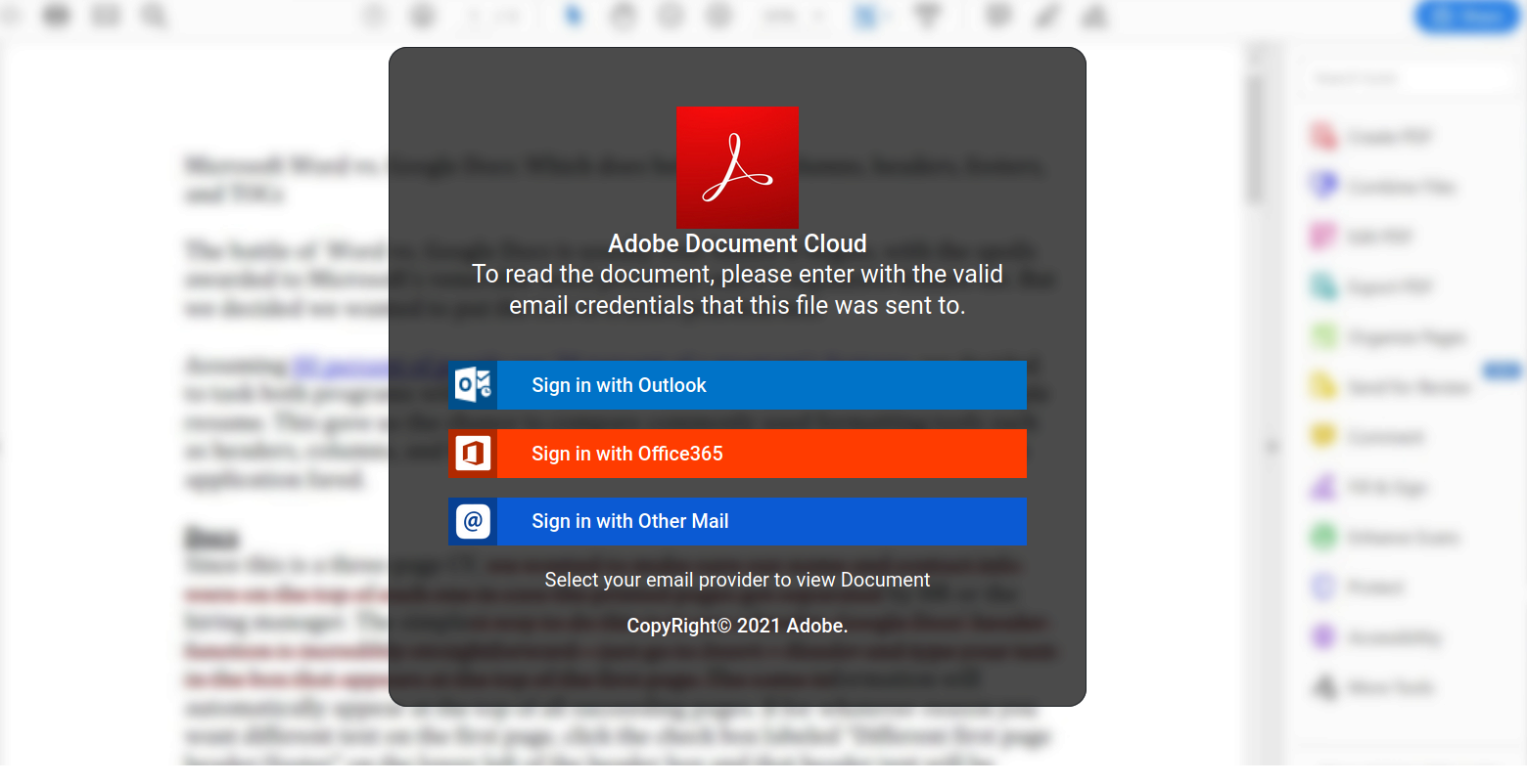 Fake Adobe document cloud page opened after clicking on the link in the phishing email