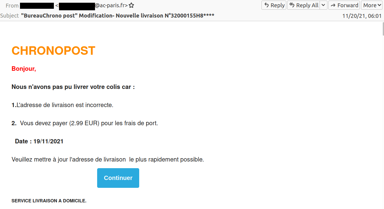 “BureauChrono post” phishing mail screenshot