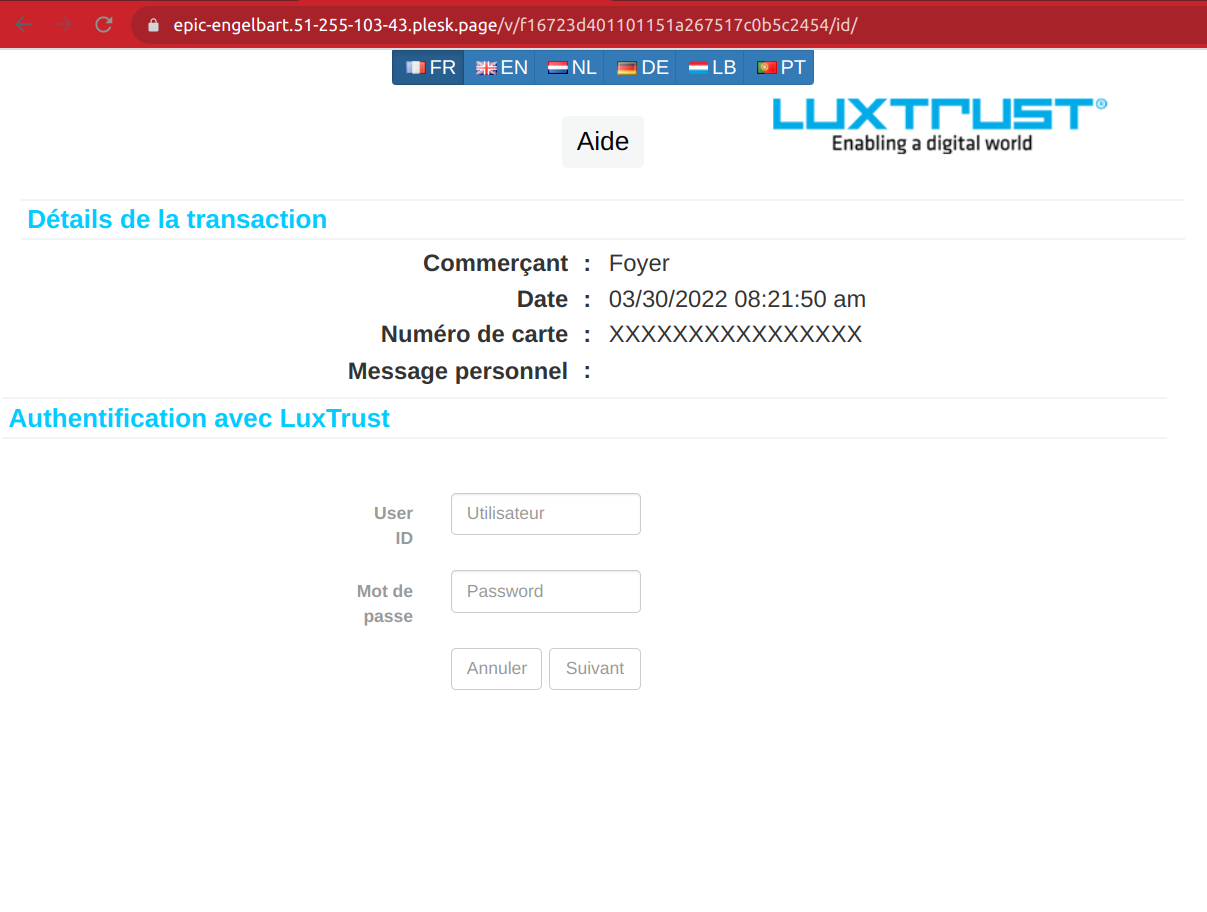 Fake reimbursement form asking for Luxtrust credentials screenshot