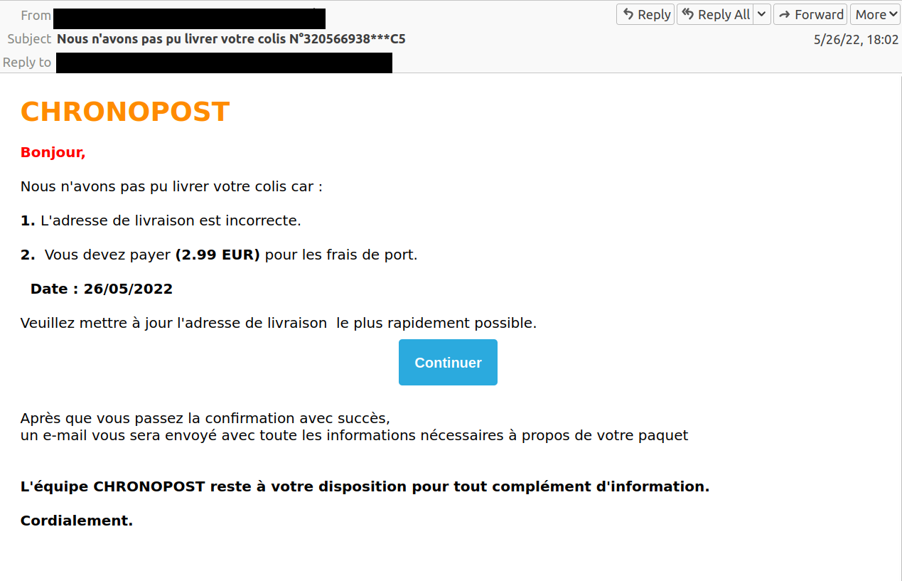 “BureauChrono post” phishing mail screenshot